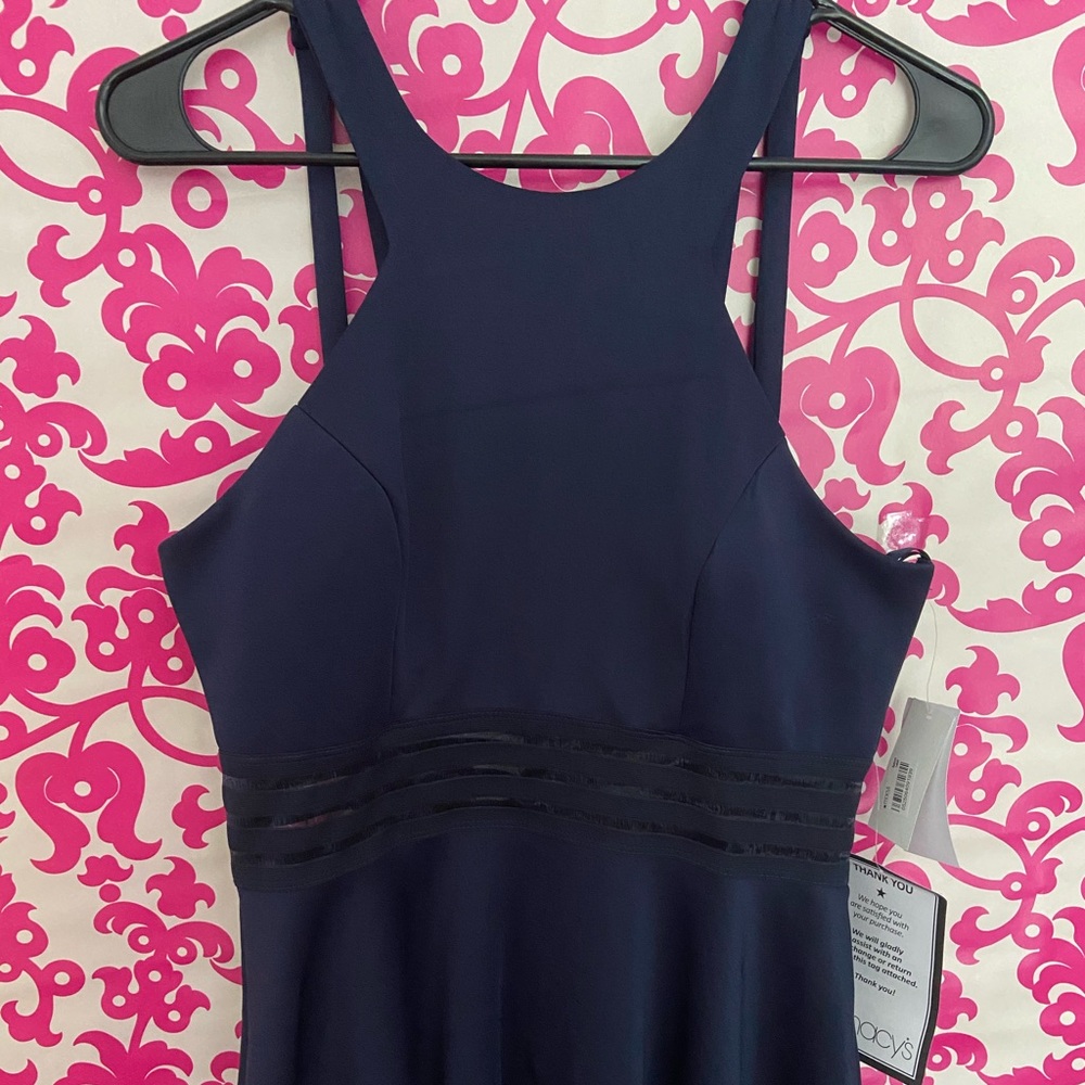 Navy Blue Skater Dress Illusion Waistline